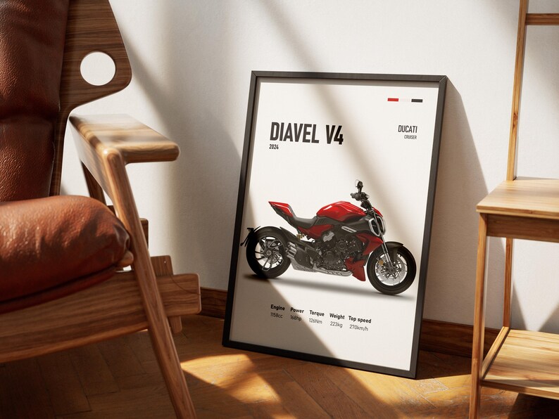 Pu&ograve; includere: Un poster con una moto Ducati Diavel V4 rossa con ruote nere. Il poster riporta il testo "Diavel V4" e "Ducati". Il poster include anche la cilindrata del motore, la potenza, la coppia, il peso e la velocit&agrave; massima della moto.