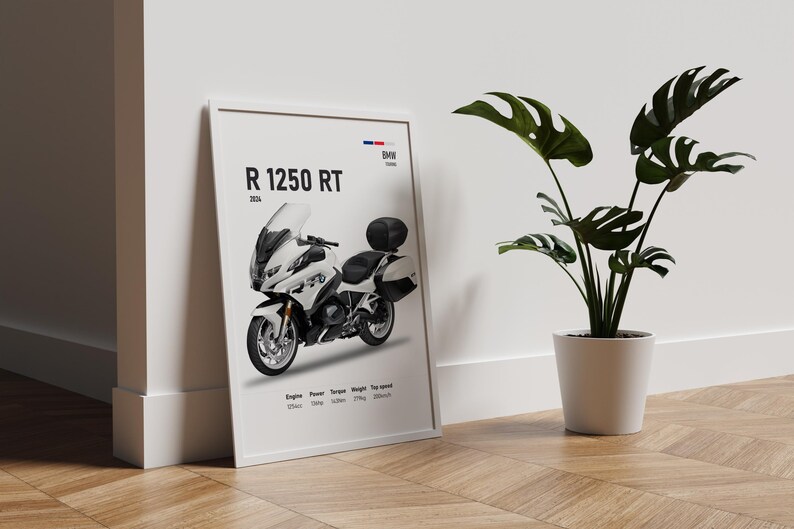 May include: A framed poster featuring a white BMW R 1250 RT motorcycle. The poster includes specifications and the BMW logo. A potted plant with large green leaves sits to the right of the poster on a wooden floor.