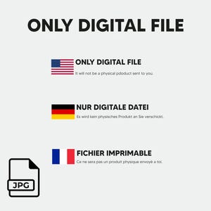 Pu&ograve; includere: Una grafica di download di file digitale con il testo "ONLY DIGITAL FILE" in nero su sfondo bianco. La grafica include le bandiere degli Stati Uniti, della Germania e della Francia con testo in ogni lingua che indica che il prodotto &egrave; un file digitale e non un prodotto fisico.