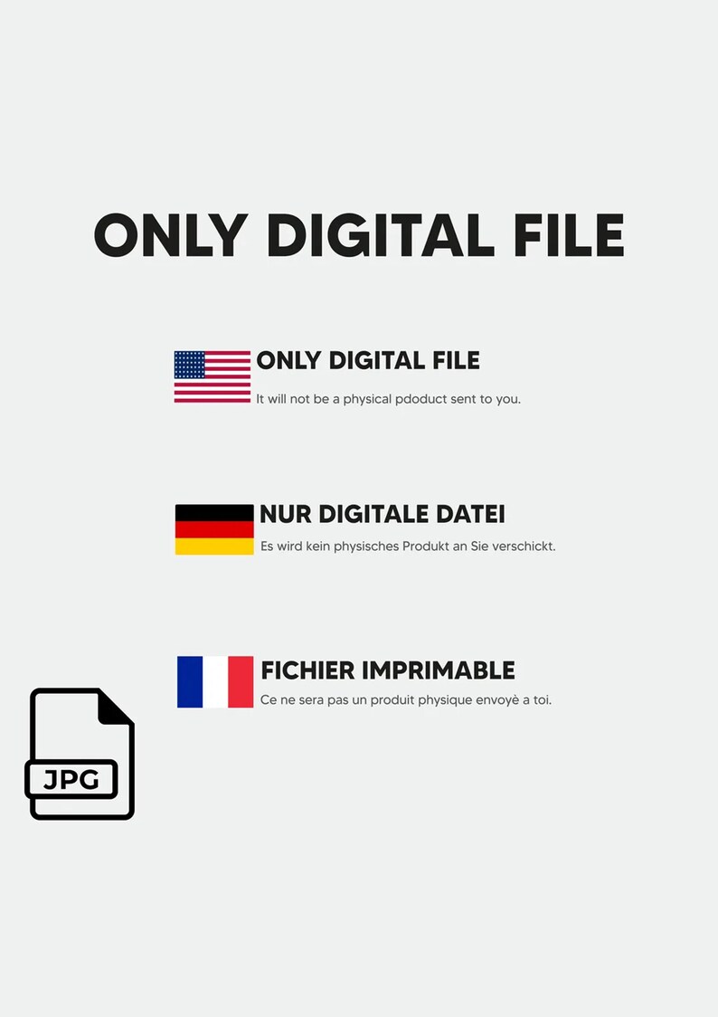 Pu&ograve; includere: Una grafica di download di file digitale con il testo "ONLY DIGITAL FILE" in nero su sfondo bianco. La grafica include le bandiere degli Stati Uniti, della Germania e della Francia con testo in ogni lingua che indica che il prodotto &egrave; un file digitale e non un prodotto fisico.