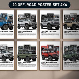 Op de afbeelding: Een set van acht ingelijste posters met off-road voertuigen, waaronder een blauwe Land Cruiser FJ40, een witte Suzuki Vitara en een grijze Toyota Tacoma. De posters hebben een witte achtergrond en zwarte tekst met "20 OFF-ROAD POSTER SET 4X4".