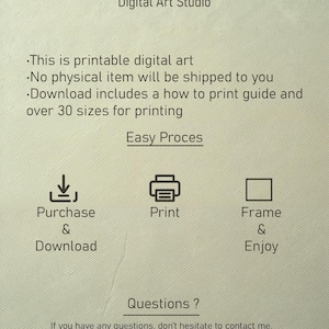 May include: Cream-colored digital art print with text: "Digital Art Studio." Instructions include "Purchase & Download," "Print," and "Frame & Enjoy." The text also states that no physical item will be shipped and includes a how-to-print guide.