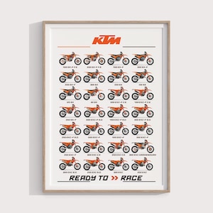 Puede incluir: Una impresión enmarcada con una cuadrícula de motos KTM naranjas, cada una etiquetada con detalles del modelo. El logotipo de KTM está en la parte superior, con el texto "READY TO RACE" en la parte inferior. Las motos se muestran sobre un fondo blanco.