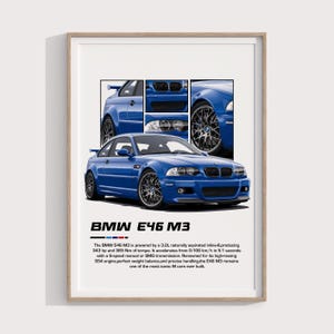 Puede incluir: Un coche deportivo BMW E46 M3 azul con una ilustración en blanco y negro del coche en el fondo. El texto "BMW E46 M3" está impreso en negro en la parte inferior de la imagen. El texto debajo del nombre del coche describe el motor, la potencia y el rendimiento del coche.
