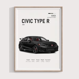May include: A black 2023 Honda Civic Type R performance hatchback. The car has a red Honda emblem on the front grille. The car is on a white background. The text "HONDA PERFORMANCE HATCHBACK CIVIC TYPE R 2023" is above the car. The text "Engine Power Torque Weight Top speed 2.0L Turbo 329hp 420Nm 1,429kg 275km/h" is below the car.