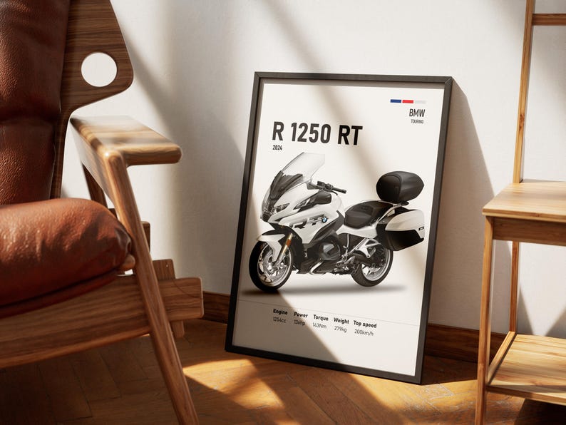 May include: Framed poster featuring a white BMW R 1250 RT motorcycle. The poster includes the model name, year, and specifications like engine size, power, torque, weight, and top speed of 200 km/h. The poster is in a black frame.