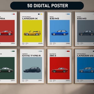 Conjunto de más de 50 pósteres de coches, arte mural automotriz para el hogar, impresiones geniales de carreras, póster de descarga digital, paquete de arte estético de coches, regalos para niños