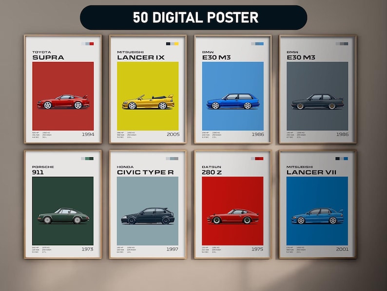 May include: A collection of 50 digital posters featuring classic cars. Each poster showcases a car model with its name, year, and a solid color background. The posters include models like the Toyota Supra, Mitsubishi Lancer, and BMW E30 M3.