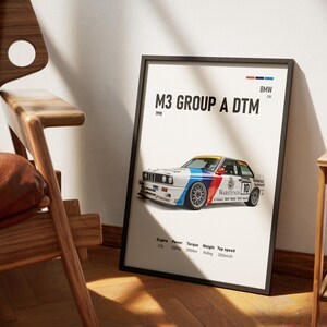 May include: A framed poster of a BMW M3 Group A DTM race car. The car is white with blue, red, and yellow details. The poster includes technical specifications and the text "M3 GROUP A DTM 1990".
