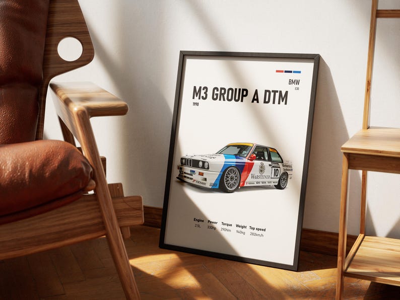 May include: A framed poster of a BMW M3 Group A DTM race car. The car is white with blue, red, and yellow details. The poster includes technical specifications and the text "M3 GROUP A DTM 1990".