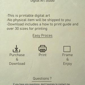 May include: Cream-colored digital art print advertisement with text: "Digital Art Studio." Instructions include "Purchase & Download," "Print," and "Frame & Enjoy." The text also states that the product is printable digital art and includes a how-to-print guide.
