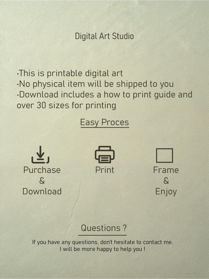 May include: Cream-colored digital art print advertisement with text: "Digital Art Studio." Instructions include "Purchase & Download," "Print," and "Frame & Enjoy." The text also states that the product is printable digital art and includes a how-to-print guide.