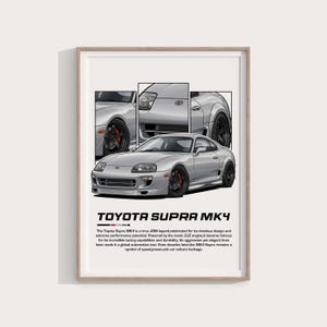 Könnte beinhalten: Gerahmter Druck mit einer Illustration eines silbernen Toyota Supra MK4. Der Druck enthält detaillierte Ansichten von der Vorder-, Seiten- und Rückseite des Autos. Der Text "TOYOTA SUPRA MK4" wird unter dem Auto-Bild angezeigt.