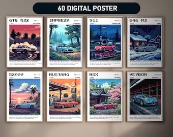 May include: A digital poster set featuring ten iconic sports cars, each with a unique pixelated design. The cars are set against various backgrounds, including a sunset, a city skyline, and a forest. The poster set includes the following cars: GTR R32, Impreza, 911, E46 M3, S2000, Mustang, NSX, Veyron.