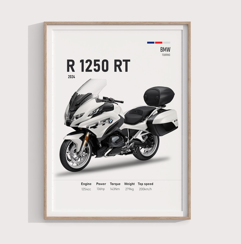 May include: A framed print featuring a white and black BMW R 1250 RT motorcycle. The print includes technical specifications: 1254cc engine, 136hp power, 143Nm torque, 279kg weight, and a top speed of 124 mph. The text "R 1250 RT 2024" is displayed.