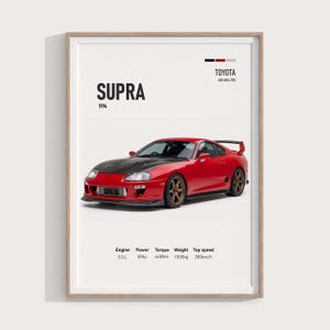 May include: A framed poster featuring a red 1994 Toyota Supra A80 MK4 with a black bonnet and bronze wheels. The text reads SUPRA, 1994, TOYOTA A80 MK4 TRD, and lists technical specifications including 3.0 L engine, 30hp, 440Nm torque, 1.500kg weight, and 280km/h top speed.