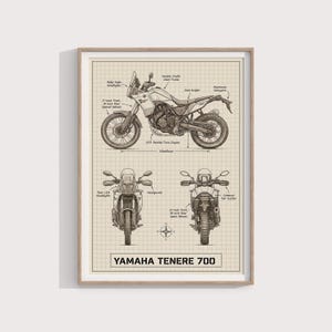 May include: A framed print featuring a detailed schematic of a Yamaha Tenere 700 motorcycle. The print includes multiple views, technical annotations, and the motorcycle's name at the bottom. The background has a grid pattern.