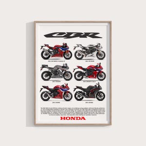 May include: A framed print featuring various Honda CBR motorcycle models in red, black, white, and gray. The motorcycles are displayed in a grid, with the CBR logo at the top and the Honda logo at the bottom.