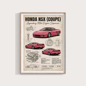 Pode incluir: Uma impressão emoldurada com um Honda NSX coupé rosa, com diagramas técnicos e especificações. A impressão inclui múltiplas vistas do carro, mostrando seu design e componentes. O texto inclui "HONDA NSX (COUPE)" e "Legendary Mid-Engine Supercar."