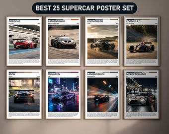 25 Supercar Poster Set | Digital Download | Ferrari, Lamborghini, McLaren, Porsche Wall Art | Garage Decor | Automotive Collection