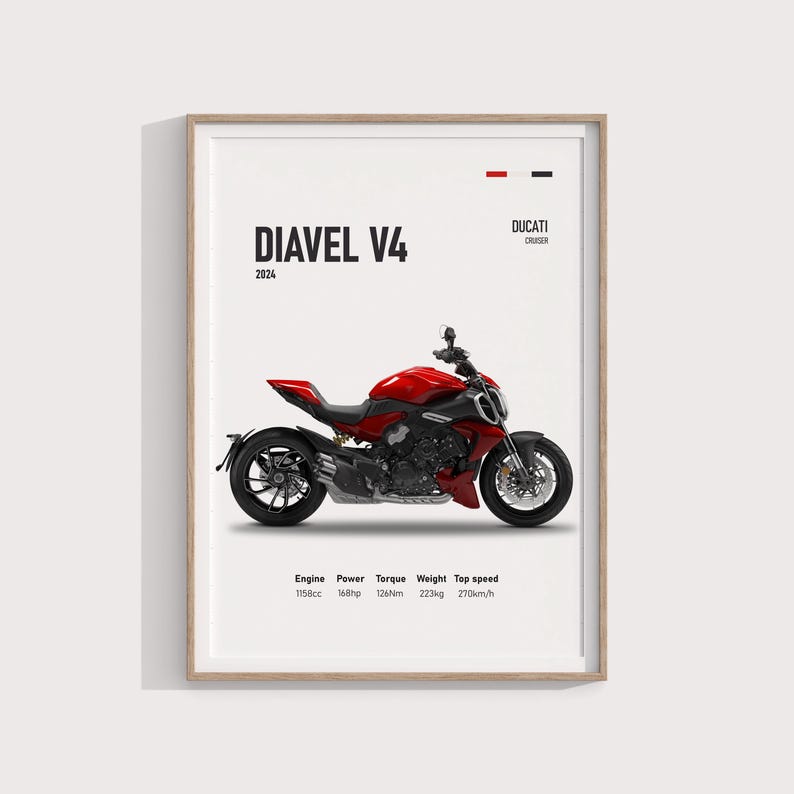Pu&ograve; includere: Una moto Ducati Diavel V4 rossa con ruote nere e telaio nero. La moto &egrave; su uno sfondo bianco con il testo "Diavel V4" e "Ducati Cruiser" in nero. Il testo "2024" &egrave; anche in nero sotto la moto.