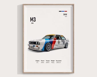 1990 BMW M3 E30 Poster | Digital Download | Classic Sports Car Wall Art | BMW M Series Print | Garage Decor | Gift for Car Enthusiasts