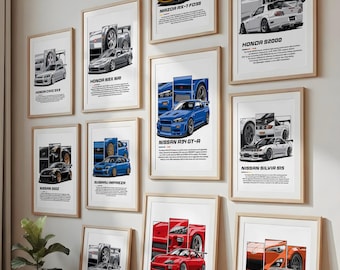 JDM Cars Wall Art Set of 10, Japanese Sports Car Poster Bundle, Digital Download, JDM Decor for Boys Room, Supra, Skyline, RX7 Prints