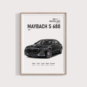 May include: A black 2024 Mercedes-Benz Maybach S 680 luxury sedan. The car has a 6.0L V12 engine, 621 horsepower, 1000 Nm of torque, weighs 2,350 kg, and has a top speed of 250 km/h.
