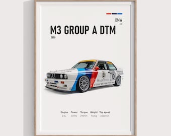 Plakat BMW M3 E30 z 1990 r. | Pobieranie cyfrowe | Klasyczna sztuka ścienna z samochodem | Retro wydruk BMW | Plakat w stylu DTM | Dekoracja garażu | Plakat z prezentem na samochód