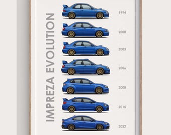 Póster de Subaru Impreza Evolution / Arte mural de WRX STI Generations / Impresión de coche legendario del rally / Decoración de garaje / Regalo para entusiastas de los coches