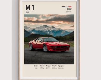 Póster del BMW M1 de 1981 / Impresión digital como regalo para fanáticos de los autos clásicos, coleccionistas, arte de pared icónico de superdeportivos y decoración retro de garaje