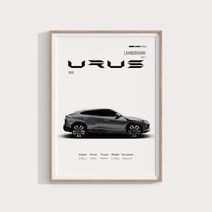 Könnte beinhalten: Gerahmter Druck mit einem grauen Lamborghini Urus SUV. Das Poster zeigt den Text "URUS" und "2025" in einer modernen Schriftart. Technische Daten wie Hubraum, Leistung, Drehmoment, Gewicht und Höchstgeschwindigkeit sind ebenfalls angegeben.