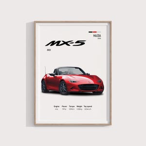 Może przedstawiać: Czerwony roadster Mazda MX-5 z 2023 roku z czarnymi felgami. Samochód znajduje się na białym tle z tekstem "Mazda Japan" i "MX-5 2023" nad samochodem. Pod samochodem znajduje się tabela z następującymi informacjami: Silnik: 2.0L, Moc: 181KM, Moment obrotowy: 205Nm, Masa: 1000kg, Prędkość maksymalna: 220km/h.