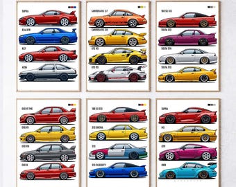 Iconic Car Poster Set: Ferrari, Porsche, BMW, Nissan, Toyota, Ford (Digital Download)