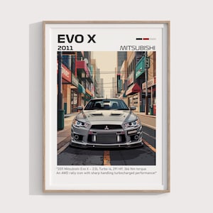 May include: A silver 2011 Mitsubishi Evo X rally car with black accents, driving down a city street. The car has a black front bumper, black side skirts, and black rear bumper. The car is driving down a street with buildings on either side. The text "EVO X" and "MITSUBISHI" are visible on the poster. The text "2011 Mitsubishi Evo X - 2.0L Turbo 14, 291 HP, 366 Nm torque. An AWD rally icon with sharp handling turbocharged performance!" is also visible on the poster.
