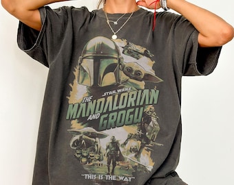 Vintage Star Wars The Mandalorian And Grogu Poster T-Shirt, Grogu Bounty Hunter Shirt, 90s Style Star Wars Shirt, Star Wars Fans Gift Tees