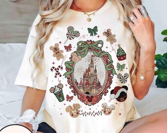 Coquette Bows Disneyland Castle Christmas Shirt, Magic Kingdom Holiday Tee, Cute Disney Xmas Party Shirt, Family Matching Christmas Trip Tee