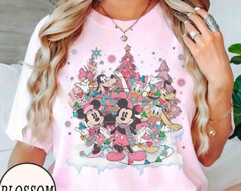 Retro Mickey and Friends Pink Santa Christmas Light Sweatshirt, Disney Mickey's Very Merry Xmas bijpassende T-shirts, Disney vakantie familiecadeaus