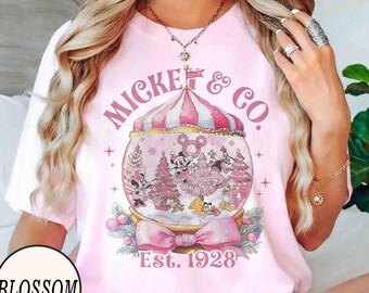 Retro Mickey & Co Pink Christmas On Main Street Sweatshirt, Disney Christmas Shirt, Mickey Minnie Xmas Shirt, Main Street Sleigh Rides Tee