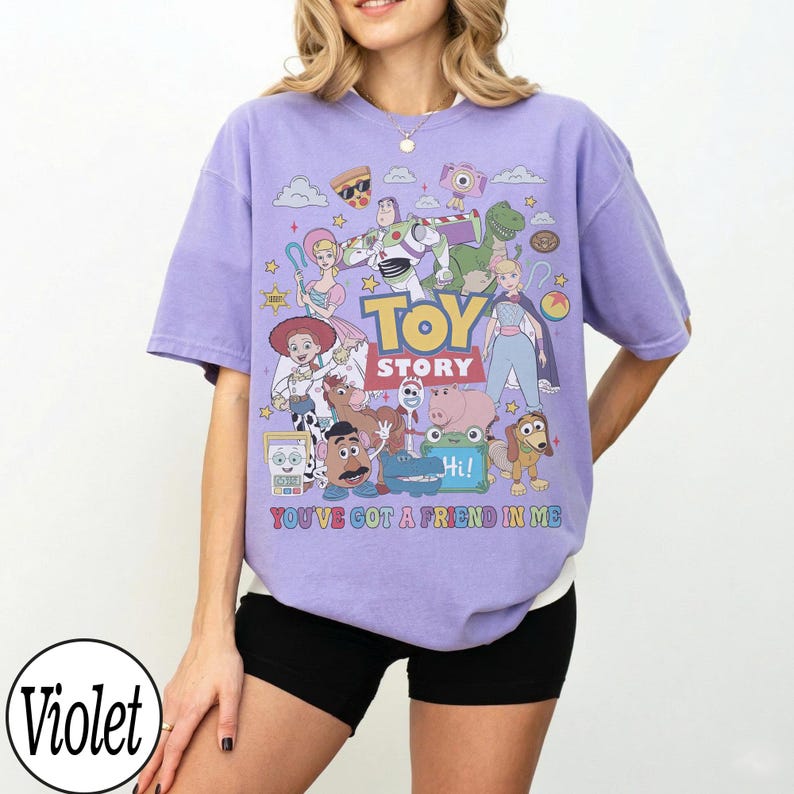 Retro Toy Story Land Shirt, Disney Pixar Toy Story Shirt, Disney Woody Jessie Buzz Lightyear Shirt, Family You've Got A Friend In Me Shirts Violet