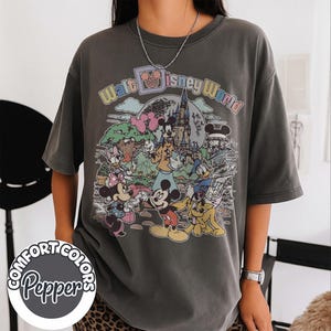 Retro Walt Disney World Shirt, Mickey Minnie Goofy Pluto Park Map Tee, Cute Comfort Colors Shirt with Castle, Balloons & Classic Characters image 2