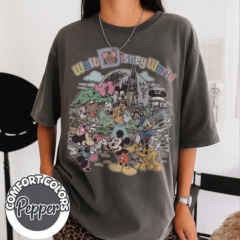 Retro Walt Disney World Shirt, Mickey Minnie Goofy Pluto Park Map Tee, Cute Comfort Colors Shirt with Castle, Balloons & Classic Characters image 2