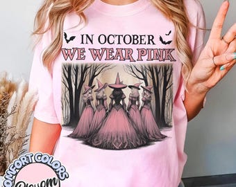 Retro In October We Wear Pink Comfort Colors Shirt, Halloween Spooky Pink Ribbon T-shirt, Breast Cancer Suquad Shirt, Cancer Awareness Shirt