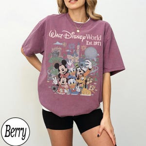 May include: A berry-colored short-sleeve t-shirt featuring a graphic print of Walt Disney World Est. 1971 with Mickey Mouse, Minnie Mouse, Donald Duck, Daisy Duck, Goofy, Pluto, and Chip 'n Dale in front of the park castle and Epcot sphere.