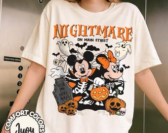 Vintage Nightmare on Main Street comfort kleuren shirt, Disney Halloween skelet Mickey Minnie Tee, Trick or Treat Disney trip familie shirts