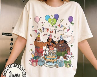 Camiseta de cumpleaños con globo de Disney Moana personalizada con nombre y edad, regalo de cumpleaños personalizado de Disney Maui Hei Hei Pua, camisetas para viajes familiares a Disneyland