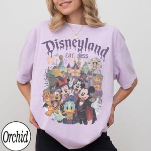 Puede incluir: Una camiseta de manga corta de color morado claro con un estampado gr&aacute;fico de personajes de Disney con disfraces de Halloween frente a un castillo. El texto dice Disneyland EST. 1955. El dise&ntilde;o incluye a Mickey, Minnie, Donald y Pluto.