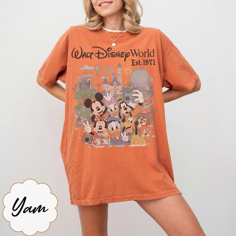 Comfort Colors® Walt Disney World Shirt, Retro Mickey and Friends Magic Kingdom Disney Castle Tee, Hollywood Studios Shirt, Disney Epcot Tee Yam/Orange