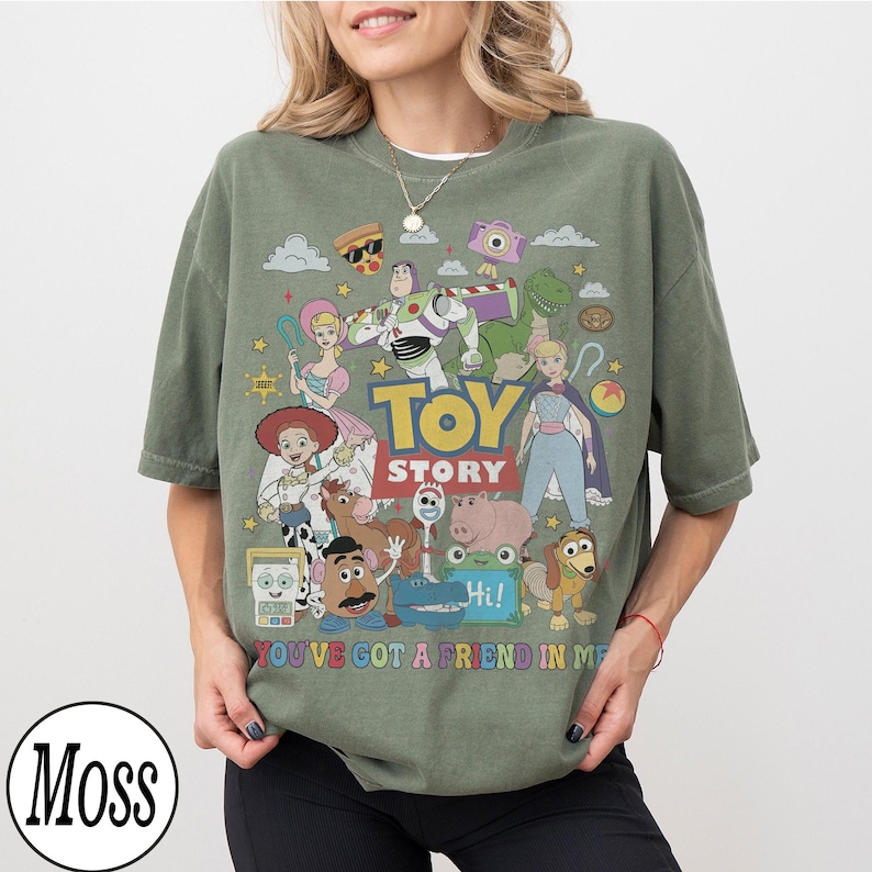 Retro Toy Story Land Shirt, Disney Pixar Toy Story Shirt, Disney Woody Jessie Buzz Lightyear Shirt, Family You've Got A Friend In Me Shirts Moss/Military Green