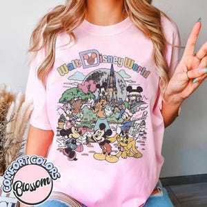 Retro Walt Disney World Shirt, Mickey Minnie Goofy Pluto Park Map Tee, Cute Comfort Colors Shirt with Castle, Balloons & Classic Characters image 3